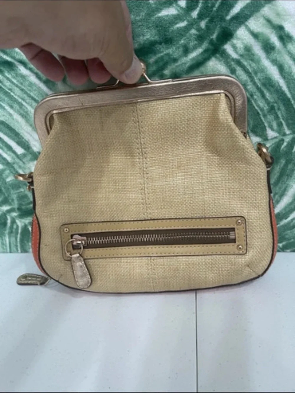 Vintage Coach Beige Canvas Shoulder Bag with Gold Chain Trim